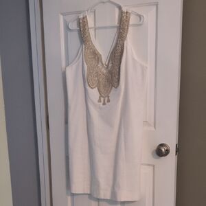 Lilly Pulitzer White Textured Dress with Gold Appliqué V-Neck